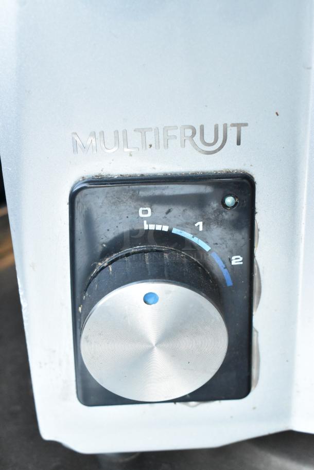 2021 Zumex Multifruit LED juicer base, metal, 115V, 1 phase. Features control dial, light wear. Model label visible.