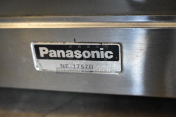 Panasonic NE-1757R commercial microwave, 208V, 1 phase, featuring a visible model label on stainless steel exterior.