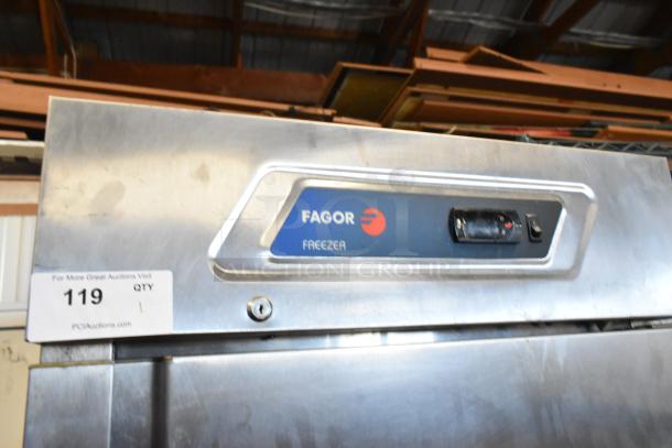 Fagor QVF-1 stainless steel commercial single door reach-in freezer, 115 volts, 1 phase, with control panel and label.