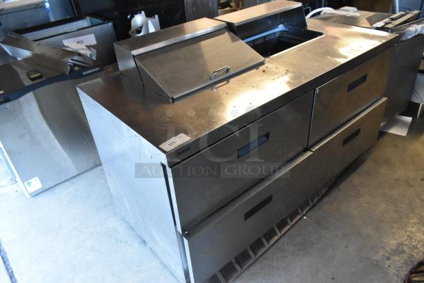 Delfield UCD4464N-12-DD5 stainless steel sandwich salad prep table, 4 drawers, missing 1 lid, 115V, 1 phase.