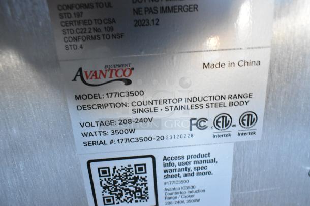 Brand new Avantco 177IC3500 induction range label, stating model, voltage 208-240V, 3500W power, stainless steel. Made in China.