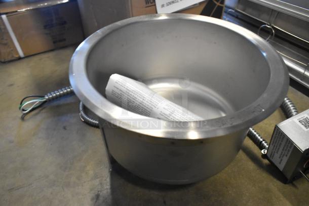 BRAND NEW Hatco HWB-11QTD 11 Qt. Heated Soup Well with Drain, 120V, single drop-in, minor scratches, shiny metal exterior.