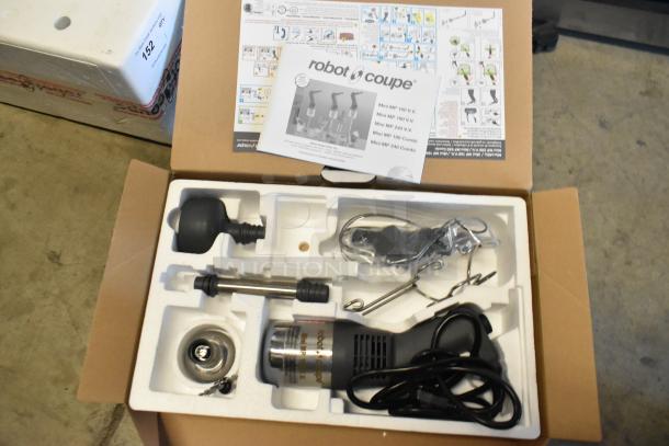 Brand new Robot Coupe MMP190VV Combi Mini 8" immersion blender with 7" whisk. Variable speed, 2/5 HP. In original packaging.