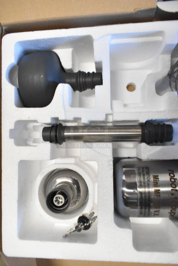 Brand new Robot Coupe MMP190VV Combi Mini 8" immersion blender in packaging; includes 7" whisk, variable speed, 2/5 HP.