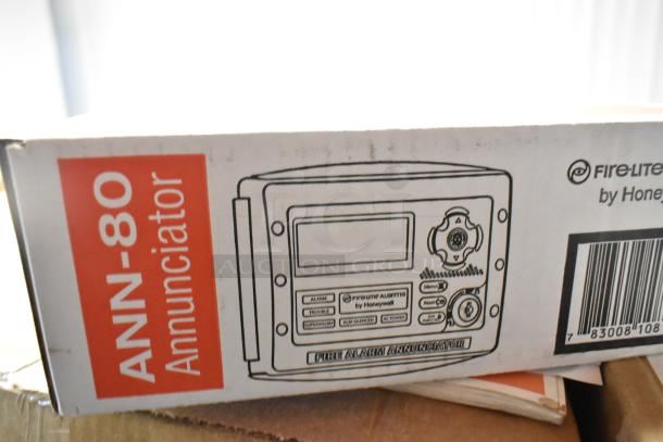 Box for Fire-Lite ANN-80 Annunciator by Honeywell, new condition, with illustration and barcode visible on packaging.