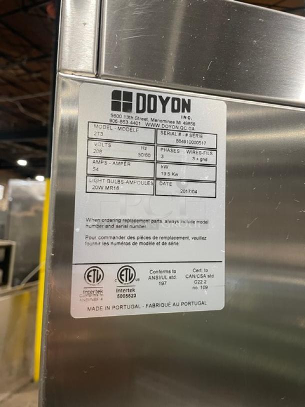 Doyon Model 2T3 commercial stainless steel triple deck oven tag, 208V, 3 phase. Serial: 884910000517, made in Portugal.
