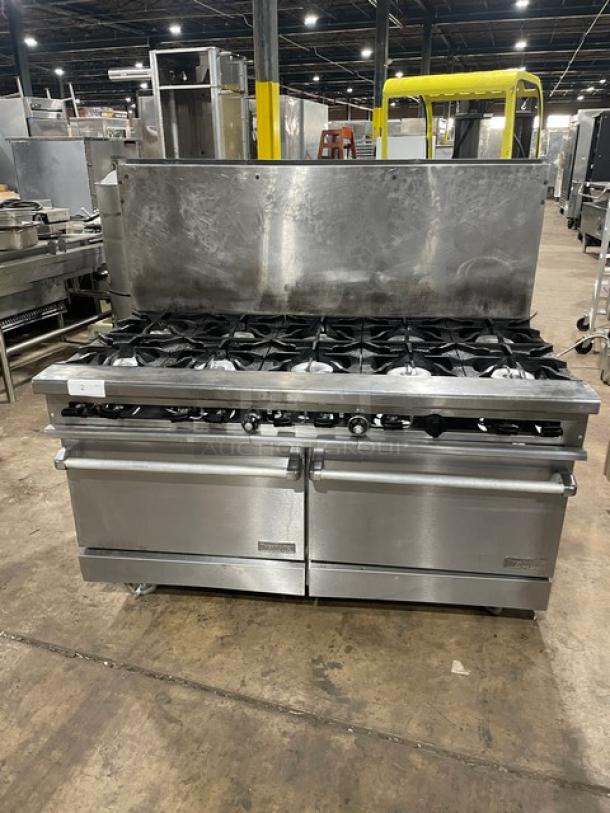 Therma Tek commercial stainless steel 10-burner range and double oven combo on casters, with backsplash and wired racks.