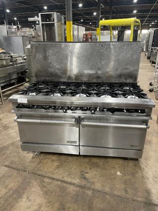 Therma Tek commercial stainless steel 10-burner range and double oven combo on casters, with backsplash and wired racks.