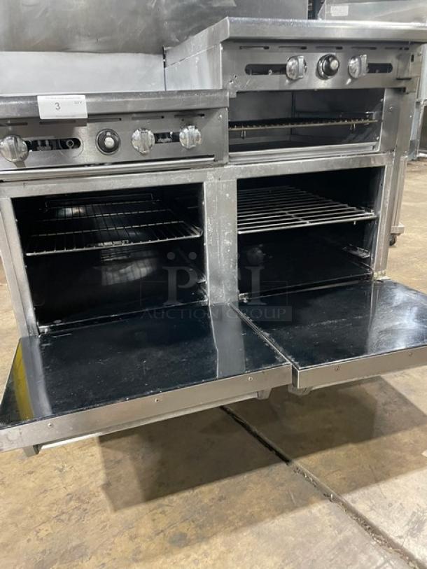Imperial commercial stainless steel 4-burner range with raised flat griddle, double oven, broiler, and cheese melter.