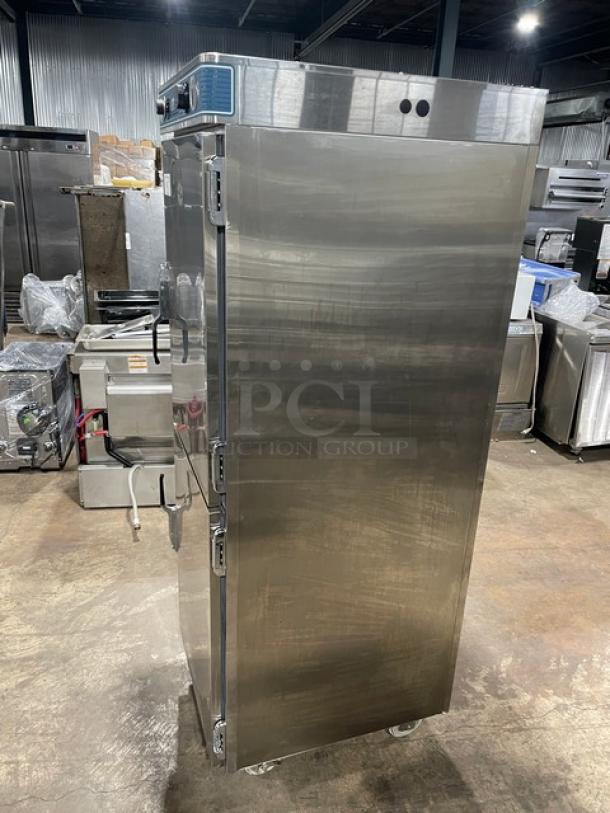 Alto-Shaam 1200UPSR stainless steel dual-compartment heated cabinet, electric, model 1200-UP/SR, on casters, visible controls.