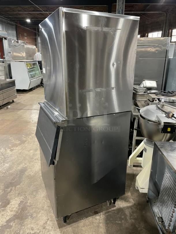 Hoshizaki KM901MRJ stainless steel ice machine and storage combo, commercial grade, Energy Star certified, on legs, 208-230V.