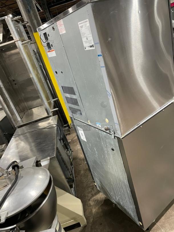 Hoshizaki KM-901MRJ ice machine, stainless steel, remote-cooled, Energy Star certified, model NS: K11987H, 208-230V, on legs.