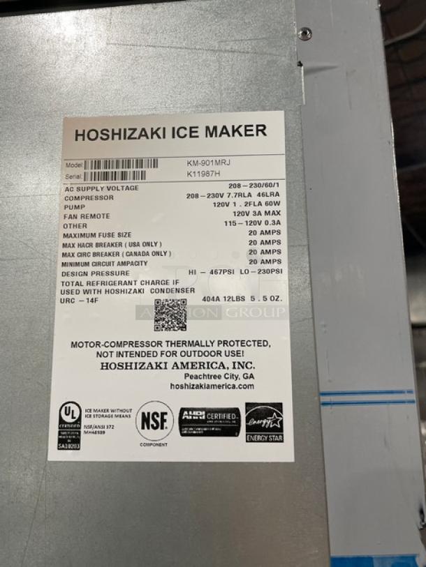 Hoshizaki KM-901MRJ ice maker, stainless steel, electric, remote-cooled, Energy Star, 208-230V, model label visible.