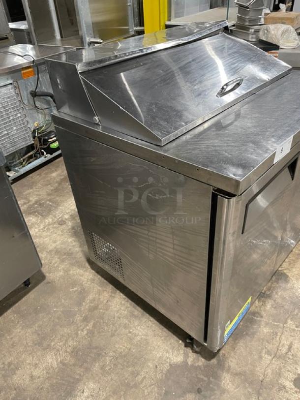 Turbo Air MST-36 commercial stainless steel 2-door refrigerated prep table with poly-coated rack, on casters, 115V.