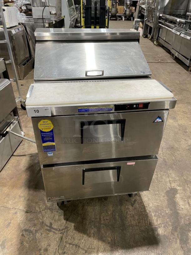 Everest EPBNR1 stainless steel refrigerated prep table with cutting board, two drawers, on casters, 115V, excellent condition.