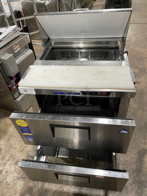 Everest EPBNR1 refrigerated bain marie prep table, stainless steel, 2 drawers, cutting board, on casters, 115V 1 phase.