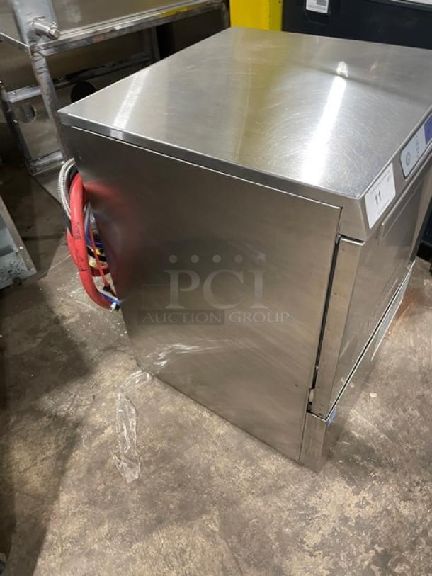 Hobart LXEC stainless steel undercounter dishwasher, Energy Star certified, with full size cup rack, model visible.