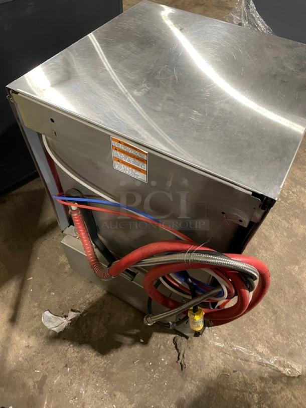Hobart LXEC stainless steel undercounter dishwasher, Energy Star certified, with cup rack and extender, in good condition.