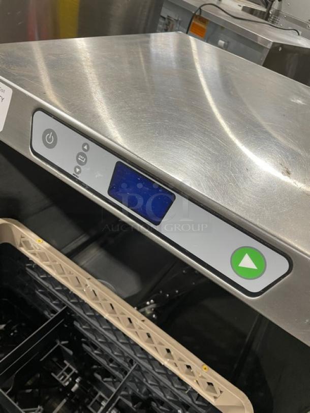 Hobart LXEC stainless steel commercial dishwasher, Energy Star certified, with control panel and full-size cup rack visible.