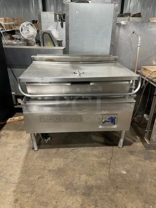 Cleveland Range 48" stainless steel tilt skillet with swivel spout faucet, electric, on legs, working when removed.