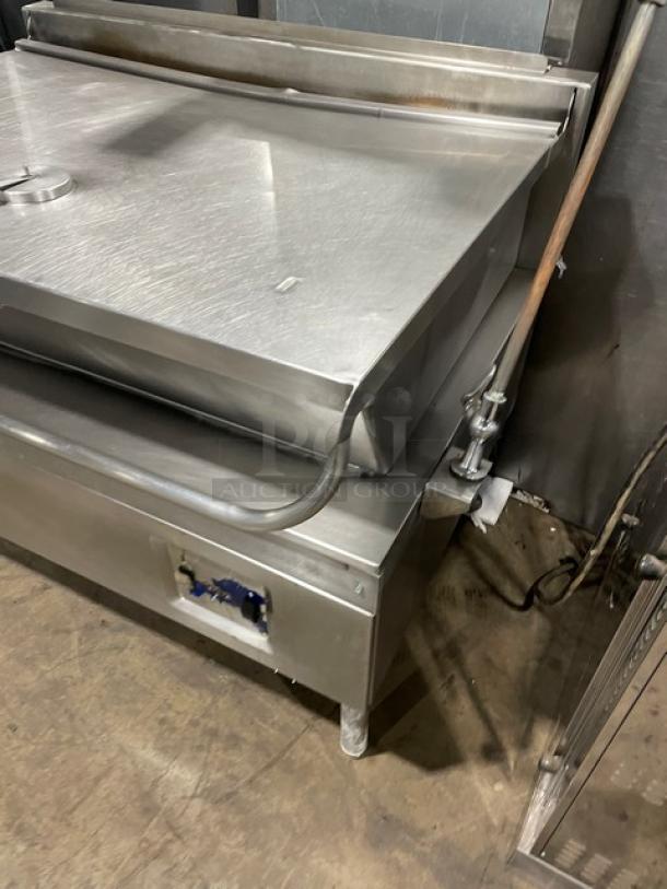 Cleveland Range 48" stainless steel tilted braising pan, electric, with swivel spout faucet, on legs, used condition.