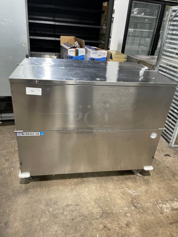 Beverage-Air stainless steel milk cooler, model SM49HC-S-105, Energy Star certified, on casters, with poly coated wire rack.