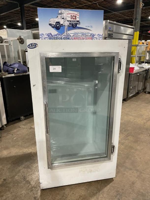 Leer Commercial White Ice Merchandiser Freezer, Model 301UC25MG, features a single glass swing door, 115V.