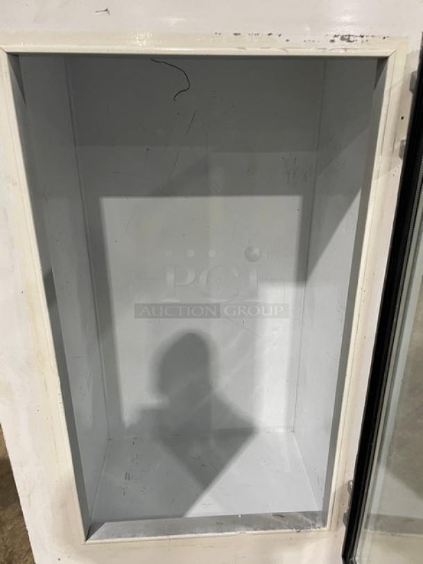 Leer Commercial White Single Glass Swing Door Reach-In Indoor Ice Merchandiser Freezer, Model 301UC25MG, 115V, empty interior.