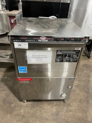 CMA Commercial Glass Washer, Model CMA-181GW, stainless steel, Energy Star certified, 208/230V, 1 phase, on legs.