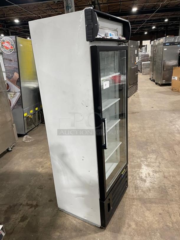 Master-Bilt BGR-16 commercial white single glass swing door refrigerator with poly-coated wire rack. Model: BGR-16, SN: 0760503-37334-V. 120V 1 Phase. Visible wear.