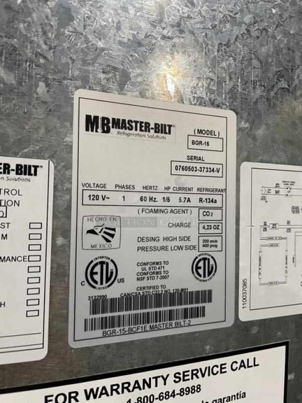 Master-Bilt BGR-16 commercial refrigerator label showing model, serial number, 120V, 1 phase, R-134 refrigerant details.