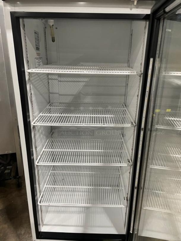 Master-Bilt BGR-16 commercial white single glass swing door refrigerator, poly-coated wired racks, 120V, 1 phase.