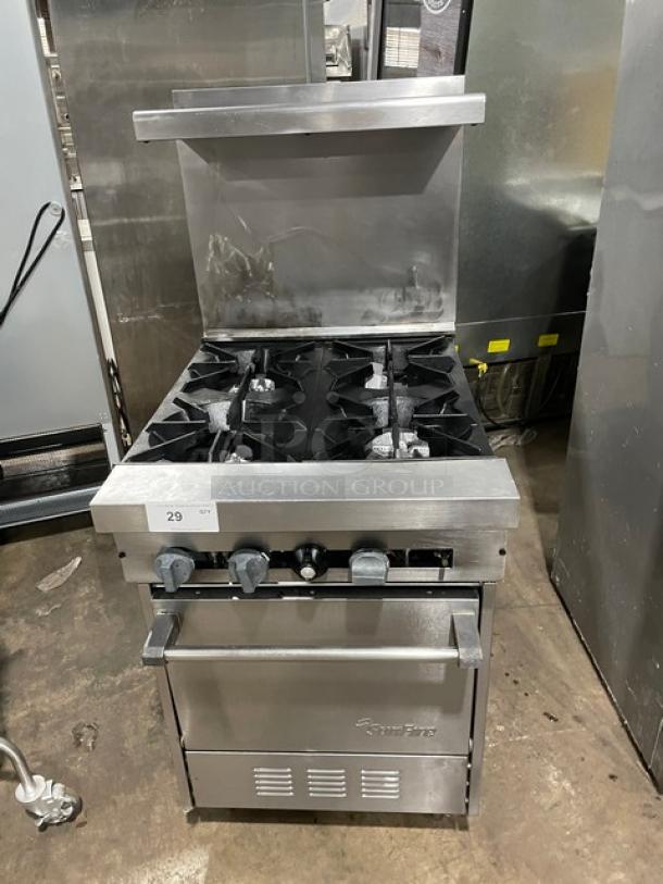 Sunfire stainless steel 4-burner range/oven, natural gas, with backsplash, overhead shelf, wired oven rack, on legs.
