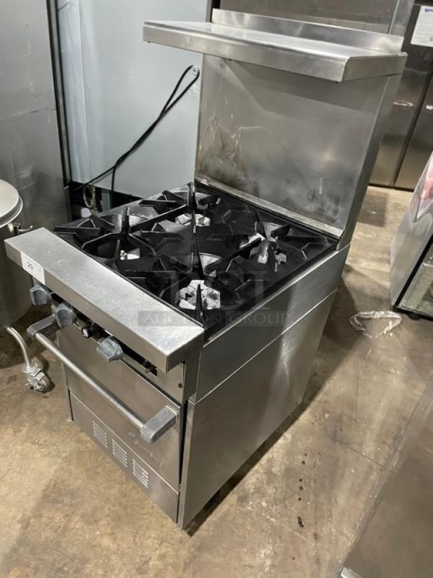 Sunfire commercial stainless steel 4-burner range/oven combo, natural gas, with backsplash, overhead shelf, and wired rack.