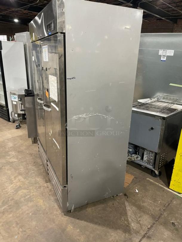 Beverage-Air KF48-1AS stainless steel 2-door commercial freezer with poly-coated wire rack, scratches on side, 115V 1-phase.