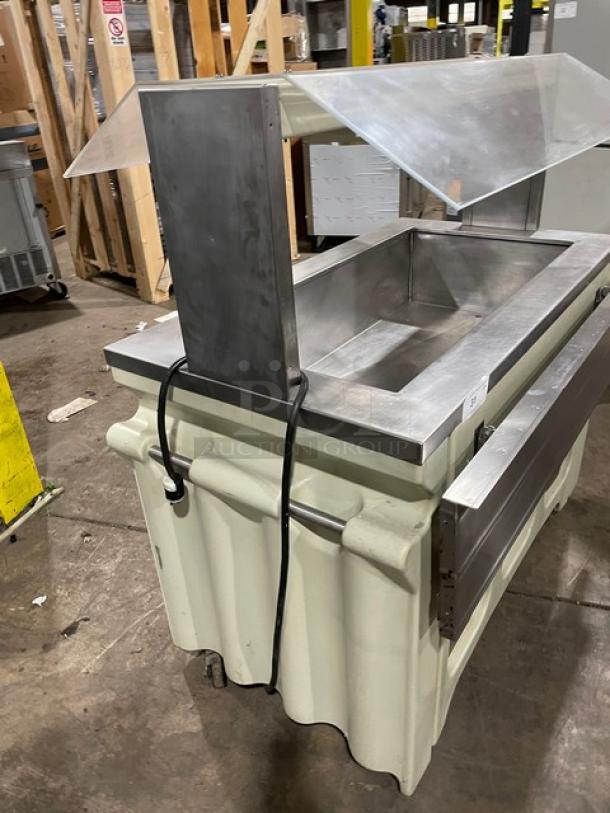 Custom buffet-style stainless steel refrigerated salad bar with sneeze guard, folding tray slide, and casters. Used condition.