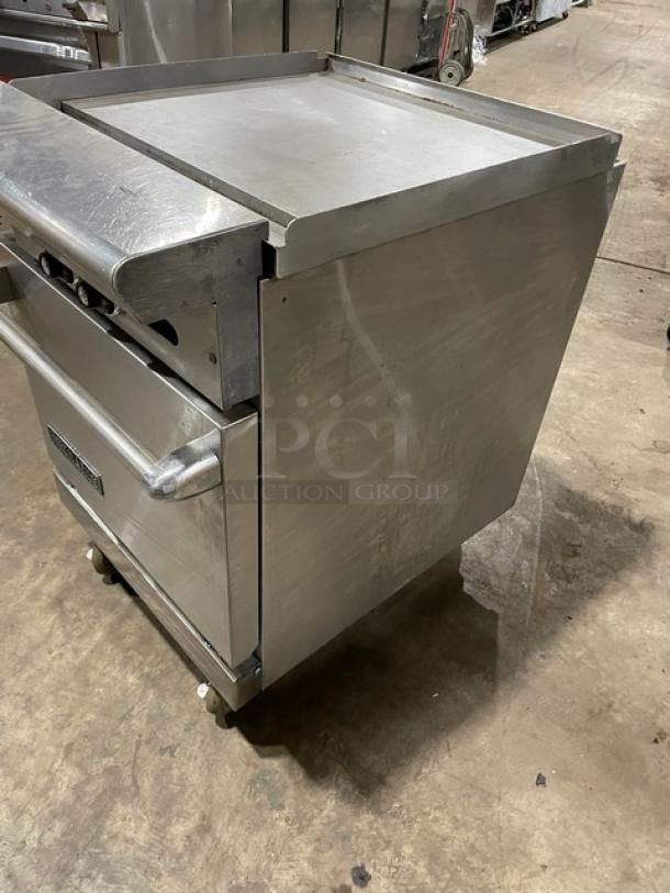 American Range 24" stainless steel flat-top range/oven combo on casters, natural gas powered, includes wired oven rack.