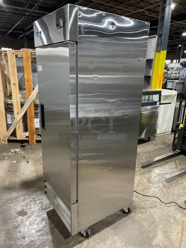 U-Star USFZ1D single door stainless steel freezer on casters; includes poly coated wire rack, model USFZ-1D, 115V, SN: 6396170218110112.