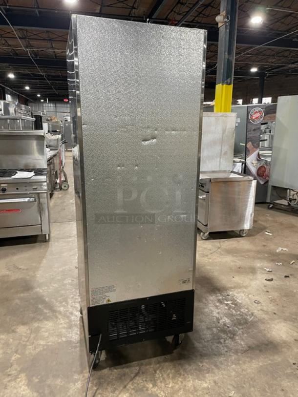 U-Star USFZ1D commercial stainless steel single door reach-in freezer, poly-coated rack, SN: 6396170218110112, on casters.