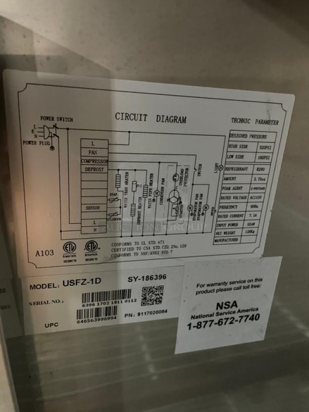 U-Star USFZ-1D commercial stainless steel single door reach-in freezer. Features poly-coated wired rack, model label, and circuit diagram.
