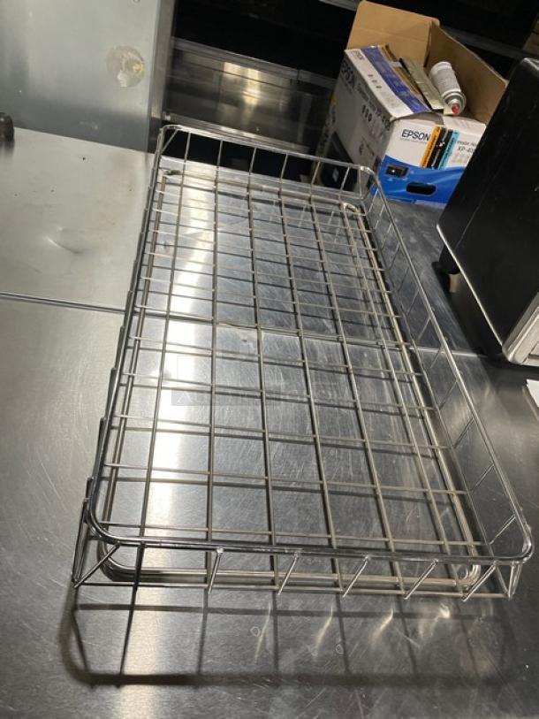 Commercial chrome plated full-size bagel/pastry wire rack, excellent condition, with grid pattern, ideal for display.