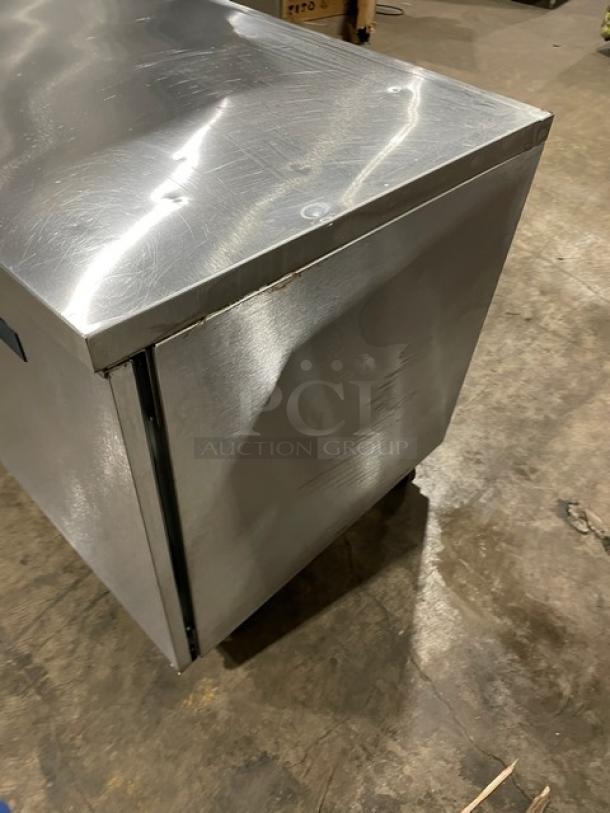 Randell 2-door stainless steel refrigerator, model 93027, on casters. Flat-top work surface, minor surface wear.