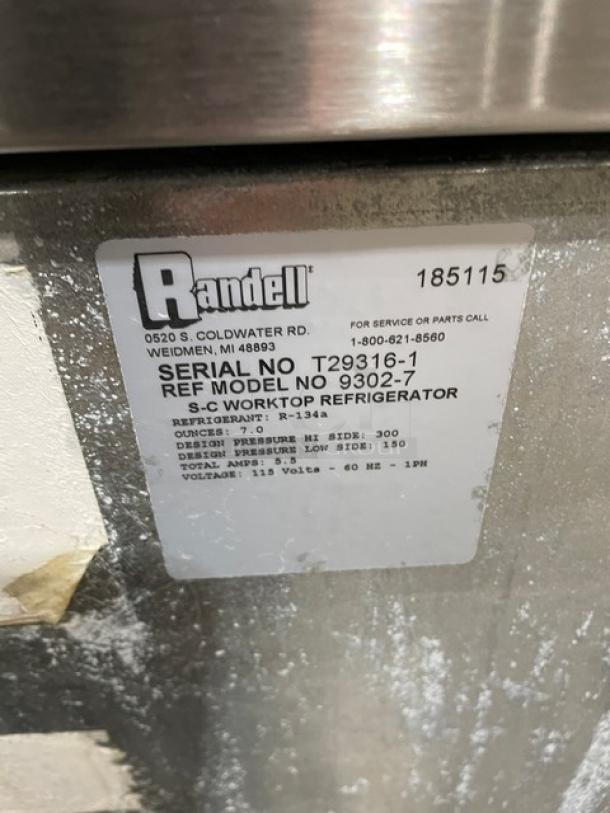 Randell commercial stainless steel 2-door worktop refrigerator, Model 9302-7, SN T29316-1, on casters, 115V 1 Phase.