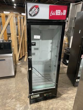 Avantco Commercial Merchandiser Refrigerator, Model 178GDC15HCB, black, single glass swing door, LED lighting, poly-coated rack.