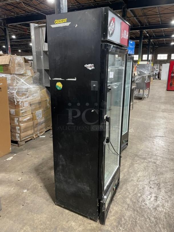 Avantco commercial refrigerator, Model 178GDC15HCB, black, single glass swing door, LED lighting, used condition.