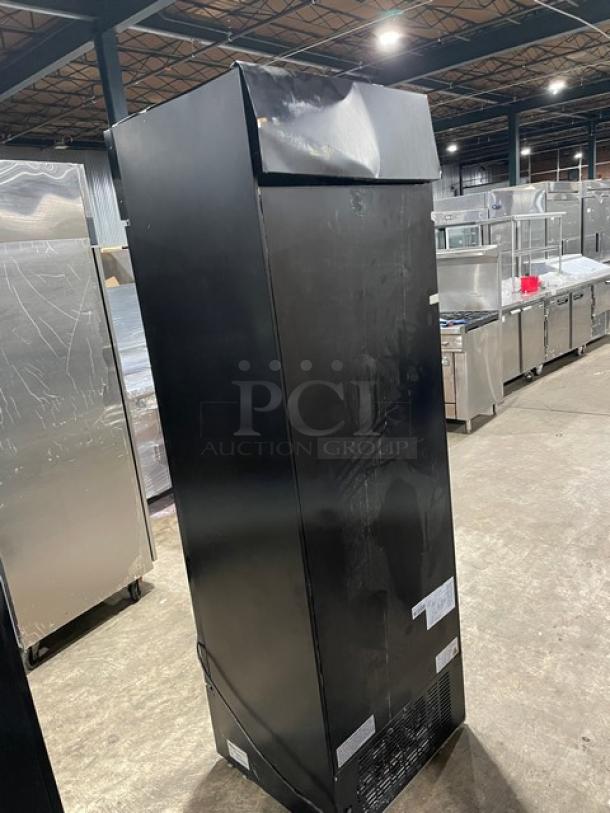 Avantco commercial black single glass swing door reach-in merchandiser refrigerator, model 178GDC15HCB, with LED lighting and poly-coated wired rack.