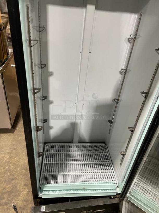 Avantco Commercial Black Single Glass Door Refrigerator, Model 178GDC15HCB, with LED lighting, poly coated rack, 115V, clean interior.