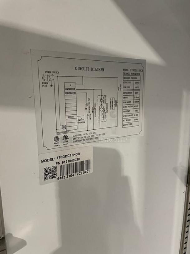 Avantco Commercial Refrigerator model 178GDC15HCB circuit diagram label. Visible SN: 6463310417020401.