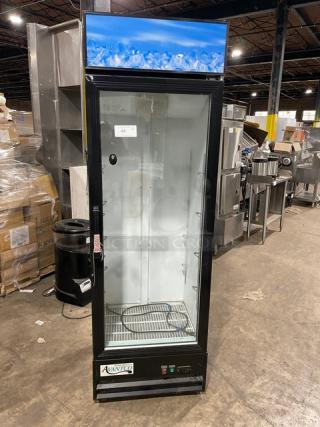 Avantco Commercial Glass Door Merchandiser Refrigerator, model 178GDC15HCB, with LED lighting and poly coated wire rack, 115V.