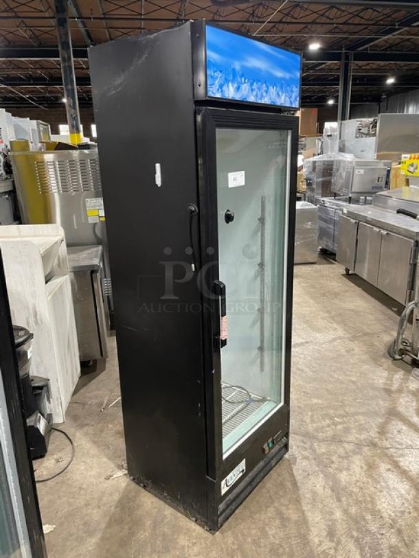 Avantco Commercial Black Single Glass Door Merchandiser Refrigerator, Model 178GDC15HCB, with LED lighting and poly-coated rack.
